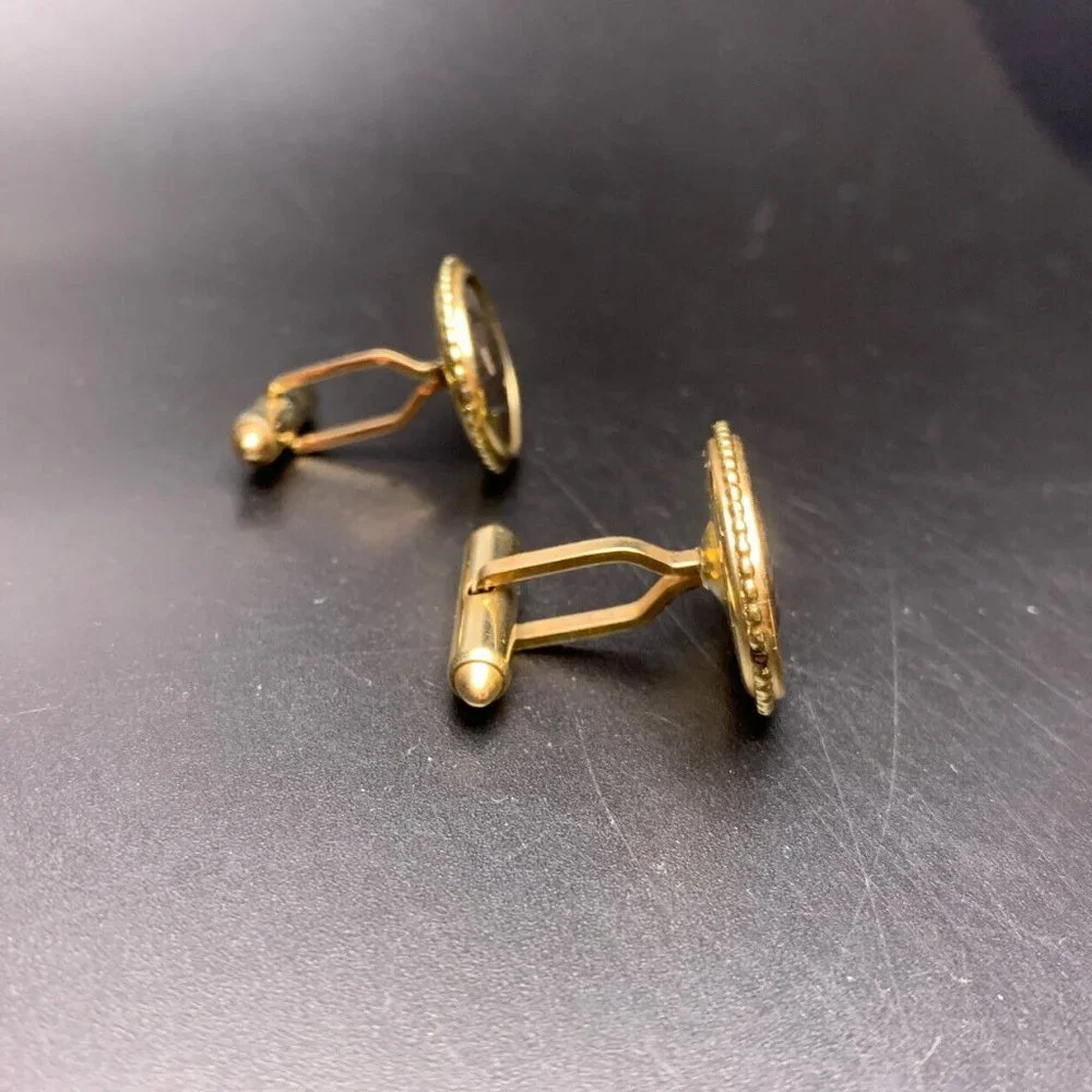 Krementz Cufflinks Gold Tone Asian Style Mountain Scene Painted Oval